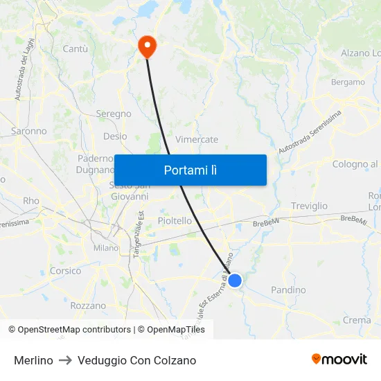 Merlino to Veduggio Con Colzano map
