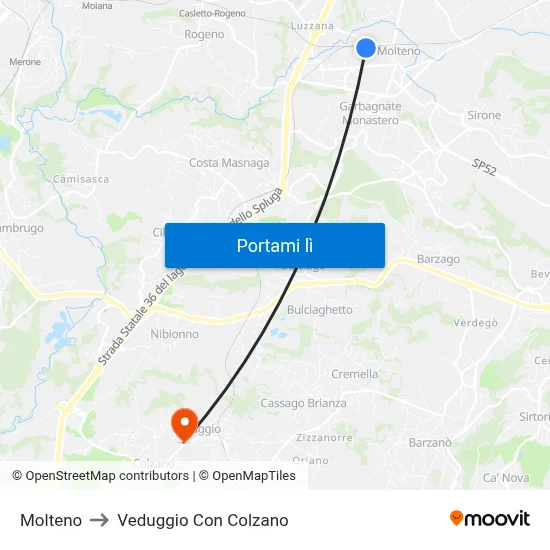 Molteno to Veduggio Con Colzano map