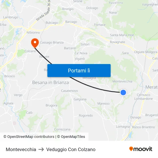 Montevecchia to Veduggio Con Colzano map