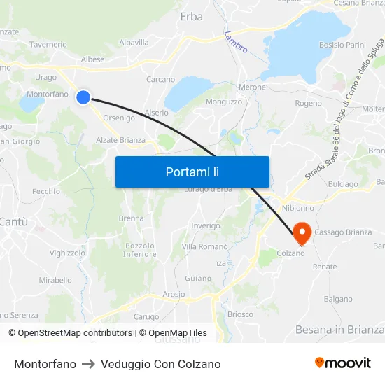 Montorfano to Veduggio Con Colzano map