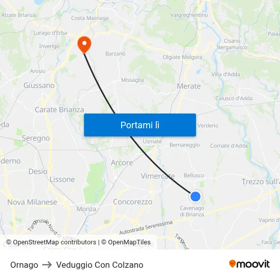 Ornago to Veduggio Con Colzano map