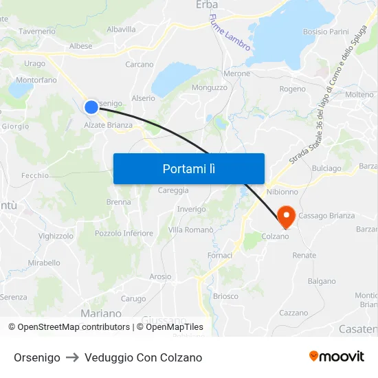 Orsenigo to Veduggio Con Colzano map