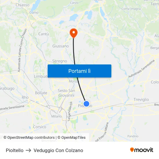 Pioltello to Veduggio Con Colzano map