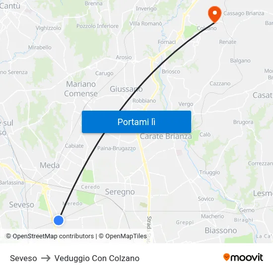 Seveso to Veduggio Con Colzano map