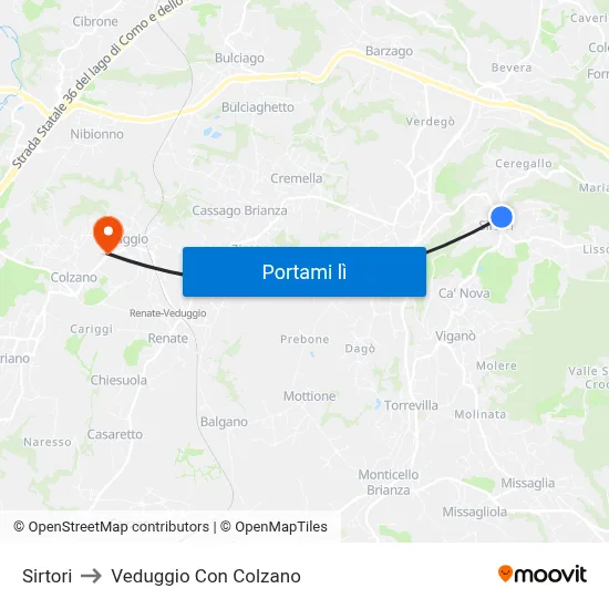 Sirtori to Veduggio Con Colzano map