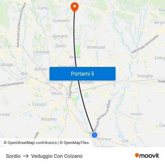 Sordio to Veduggio Con Colzano map