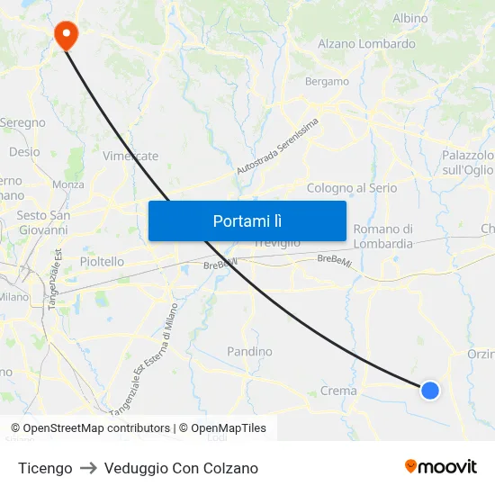 Ticengo to Veduggio Con Colzano map