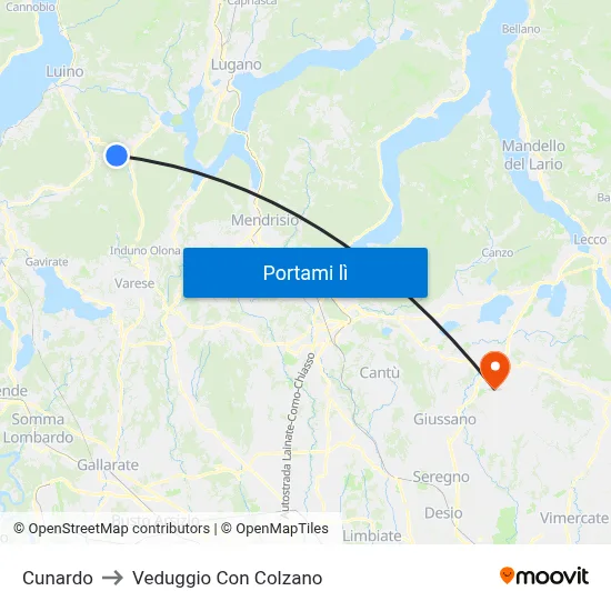 Cunardo to Veduggio Con Colzano map