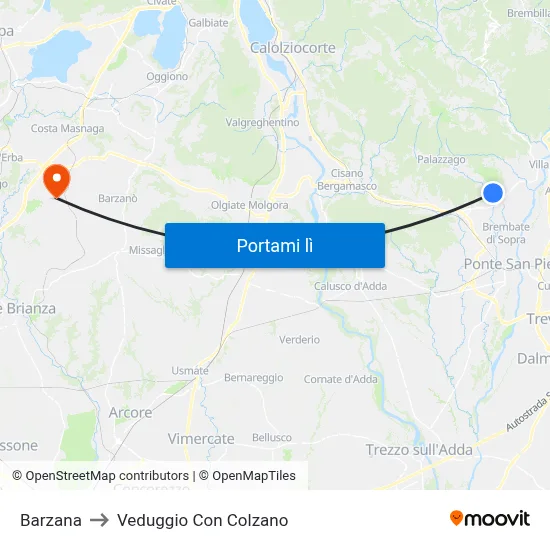 Barzana to Veduggio Con Colzano map