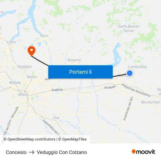 Concesio to Veduggio Con Colzano map