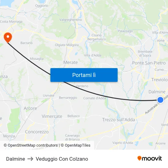 Dalmine to Veduggio Con Colzano map
