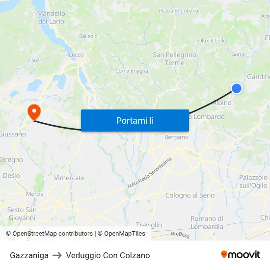 Gazzaniga to Veduggio Con Colzano map