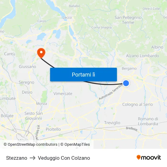 Stezzano to Veduggio Con Colzano map