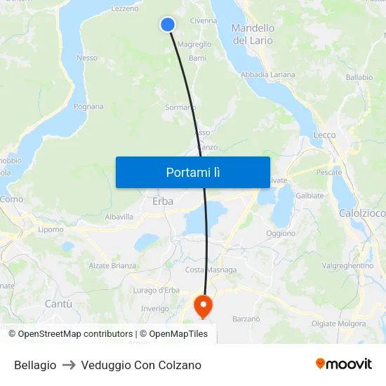 Bellagio to Veduggio Con Colzano map
