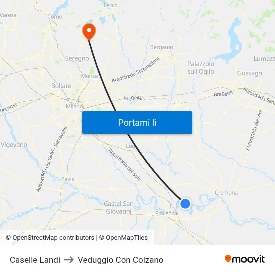 Caselle Landi to Veduggio Con Colzano map