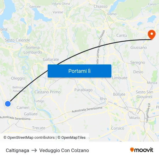 Caltignaga to Veduggio Con Colzano map