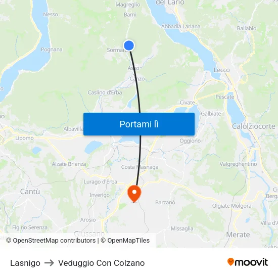 Lasnigo to Veduggio Con Colzano map