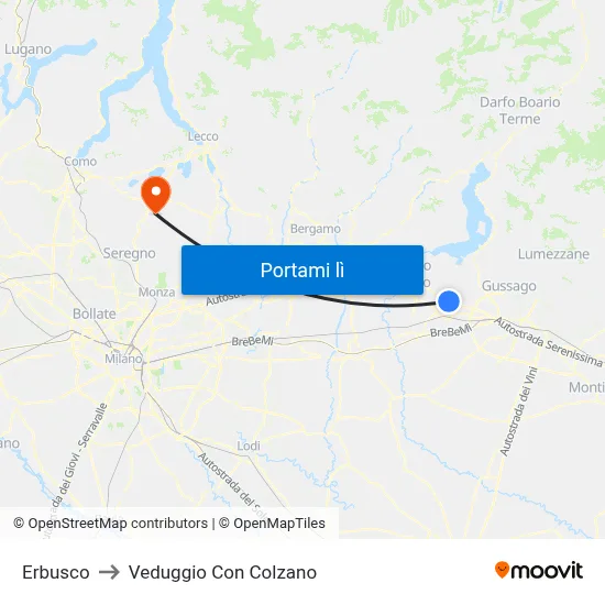 Erbusco to Veduggio Con Colzano map