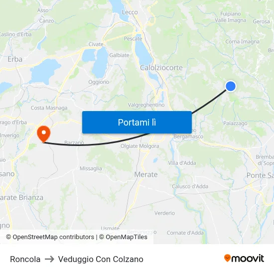Roncola to Veduggio Con Colzano map