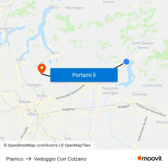 Pianico to Veduggio Con Colzano map
