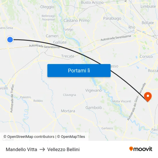 Mandello Vitta to Vellezzo Bellini map