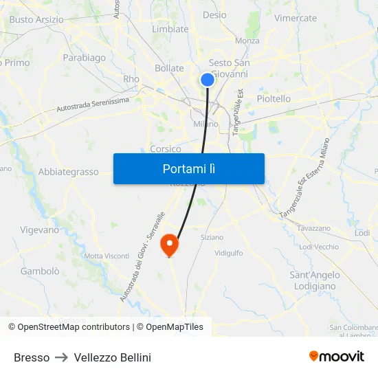 Bresso to Vellezzo Bellini map