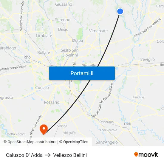 Calusco D' Adda to Vellezzo Bellini map