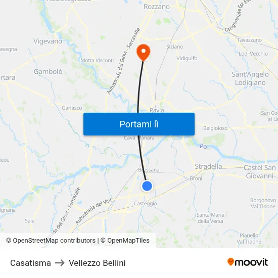 Casatisma to Vellezzo Bellini map
