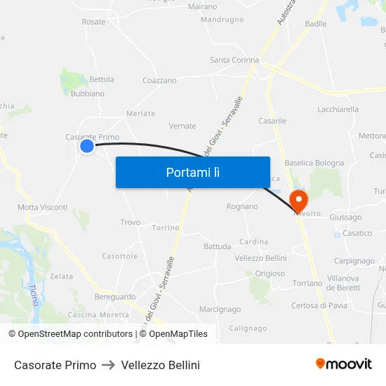 Casorate Primo to Vellezzo Bellini map