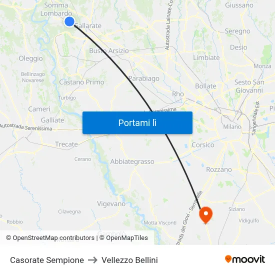 Casorate Sempione to Vellezzo Bellini map