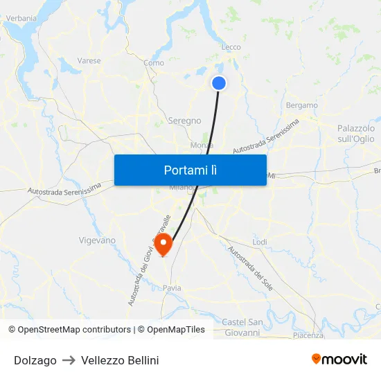 Dolzago to Vellezzo Bellini map