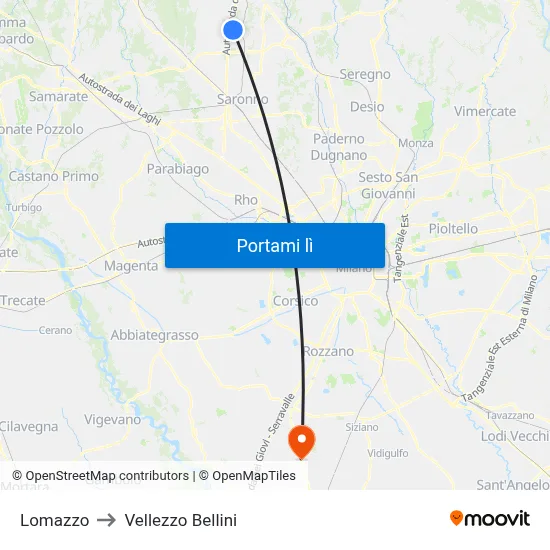 Lomazzo to Vellezzo Bellini map