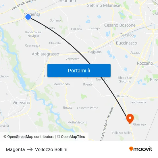 Magenta to Vellezzo Bellini map