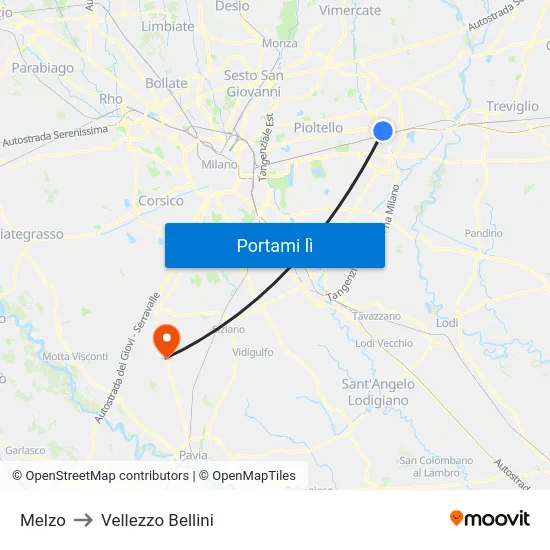 Melzo to Vellezzo Bellini map