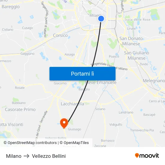 Milano to Vellezzo Bellini map