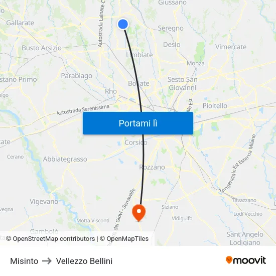 Misinto to Vellezzo Bellini map