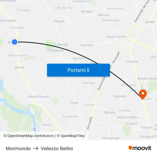 Morimondo to Vellezzo Bellini map