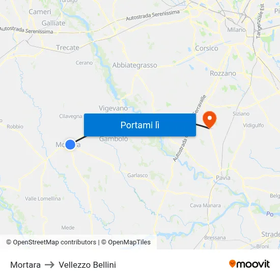 Mortara to Vellezzo Bellini map