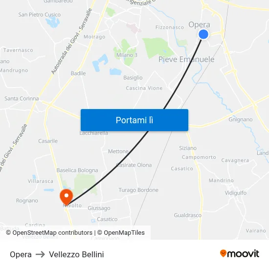 Opera to Vellezzo Bellini map