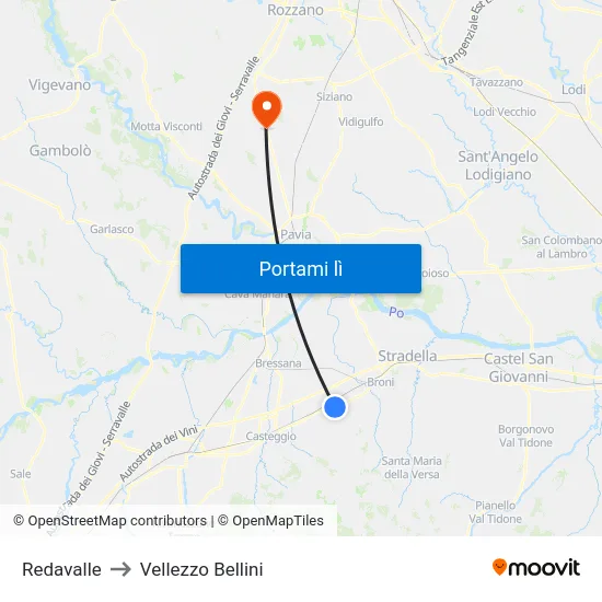 Redavalle to Vellezzo Bellini map
