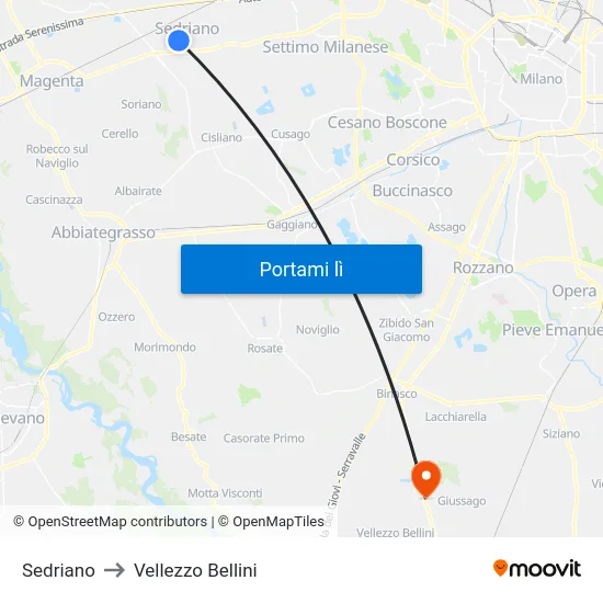 Sedriano to Vellezzo Bellini map