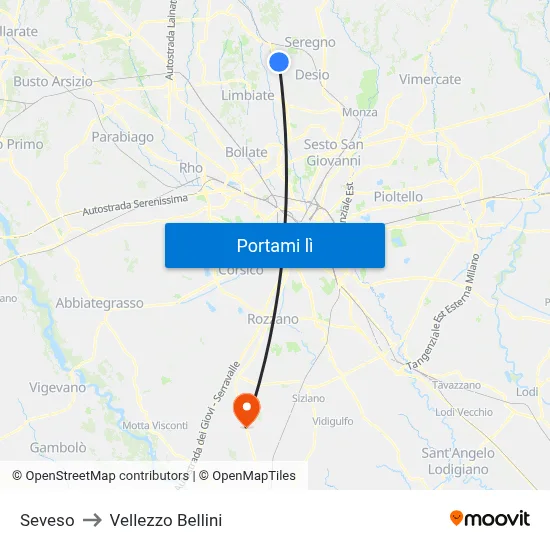 Seveso to Vellezzo Bellini map