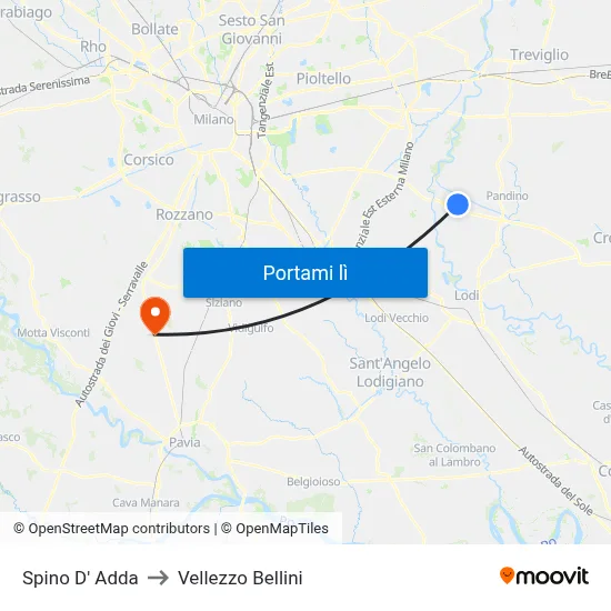 Spino D' Adda to Vellezzo Bellini map