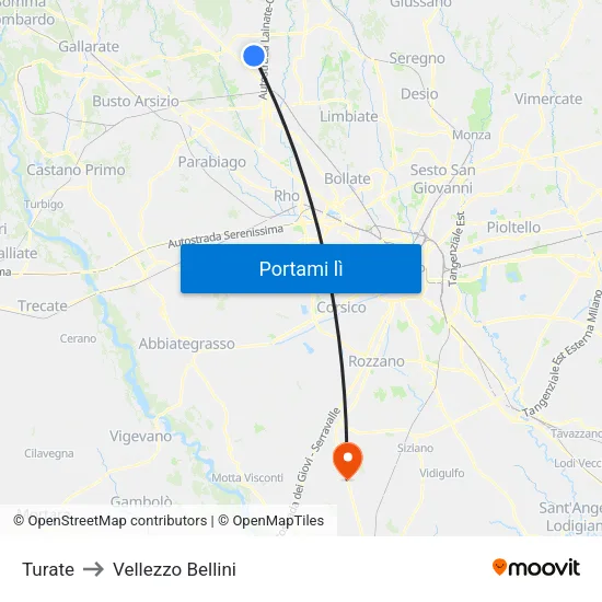 Turate to Vellezzo Bellini map