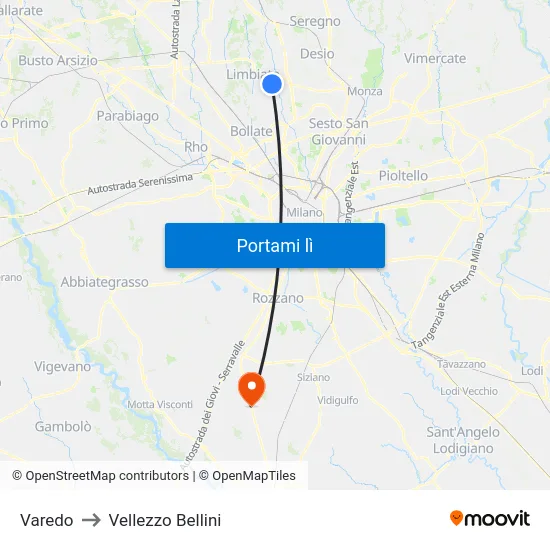 Varedo to Vellezzo Bellini map