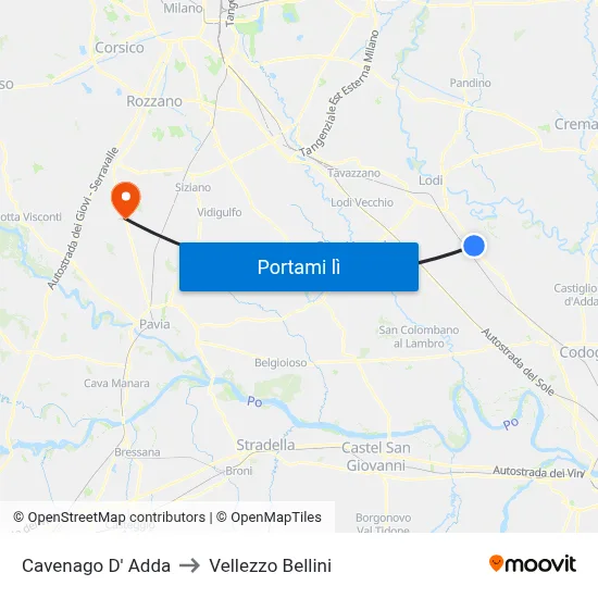 Cavenago D' Adda to Vellezzo Bellini map