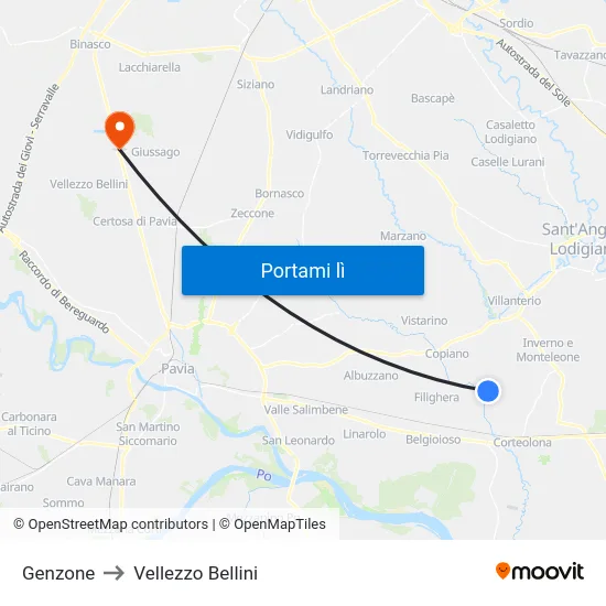 Genzone to Vellezzo Bellini map