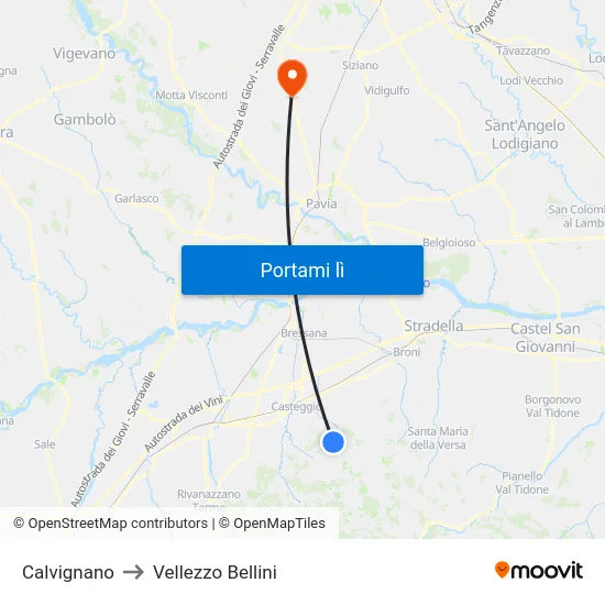 Calvignano to Vellezzo Bellini map