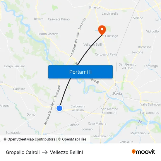 Gropello Cairoli to Vellezzo Bellini map