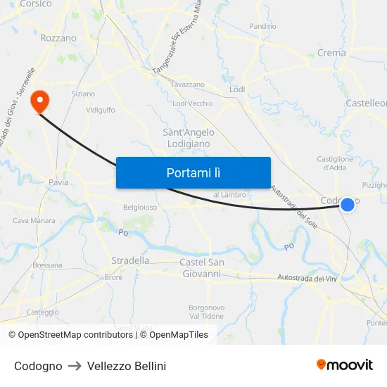Codogno to Vellezzo Bellini map